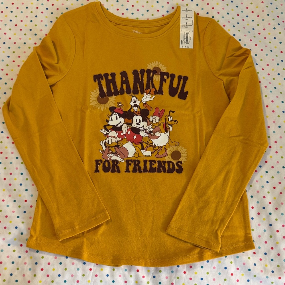 Disney Kids Thankful Friends Mustard Long Sleeve Tee